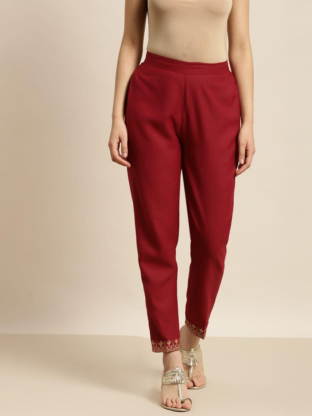 shae by sassafras women maroon ethnic print detail pencil tapered fit trousers