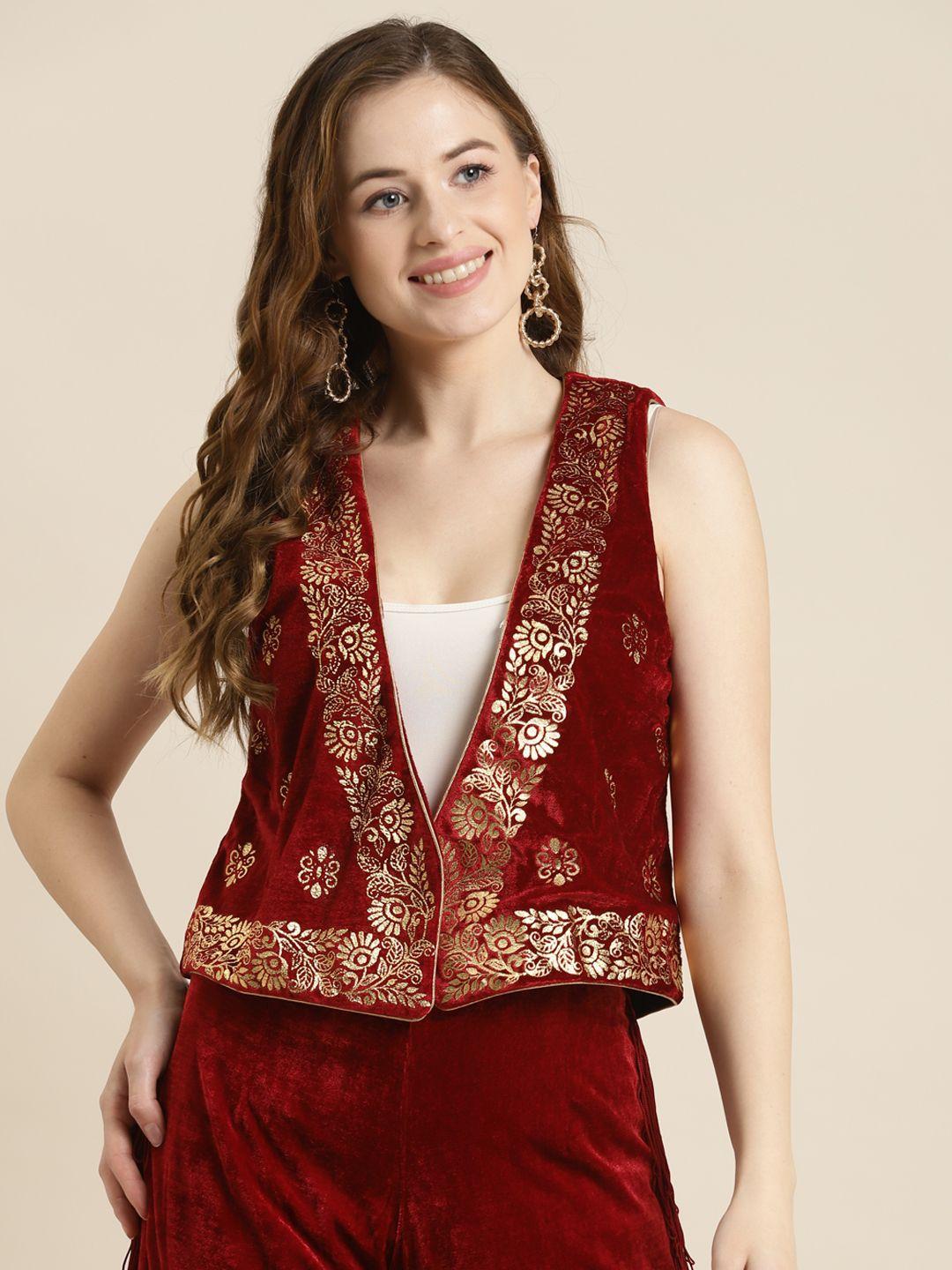 shae by sassafras women maroon foil print velvet waistcoat