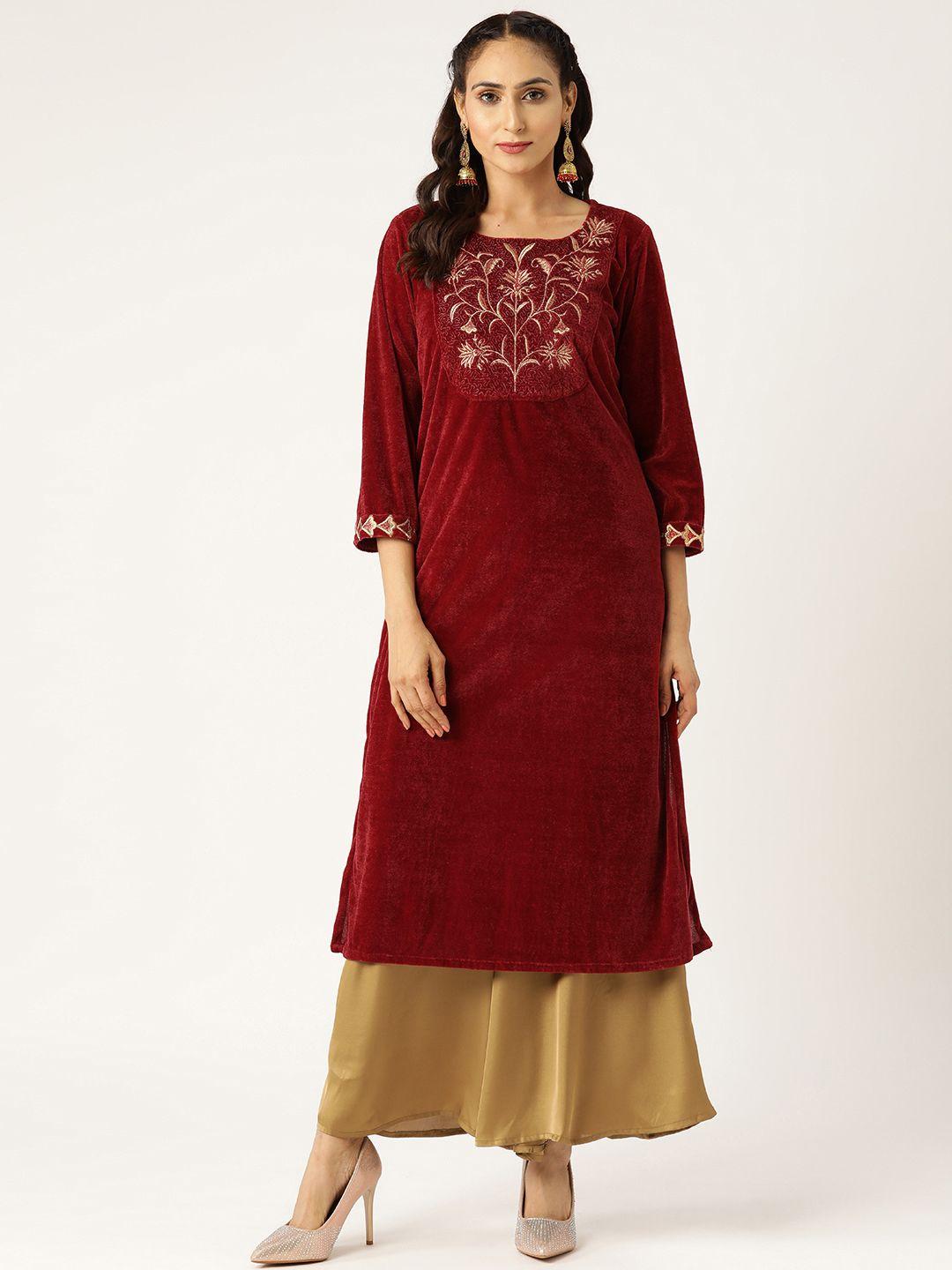 shae by sassafras women maroon yoke design velvet finish straight kurta