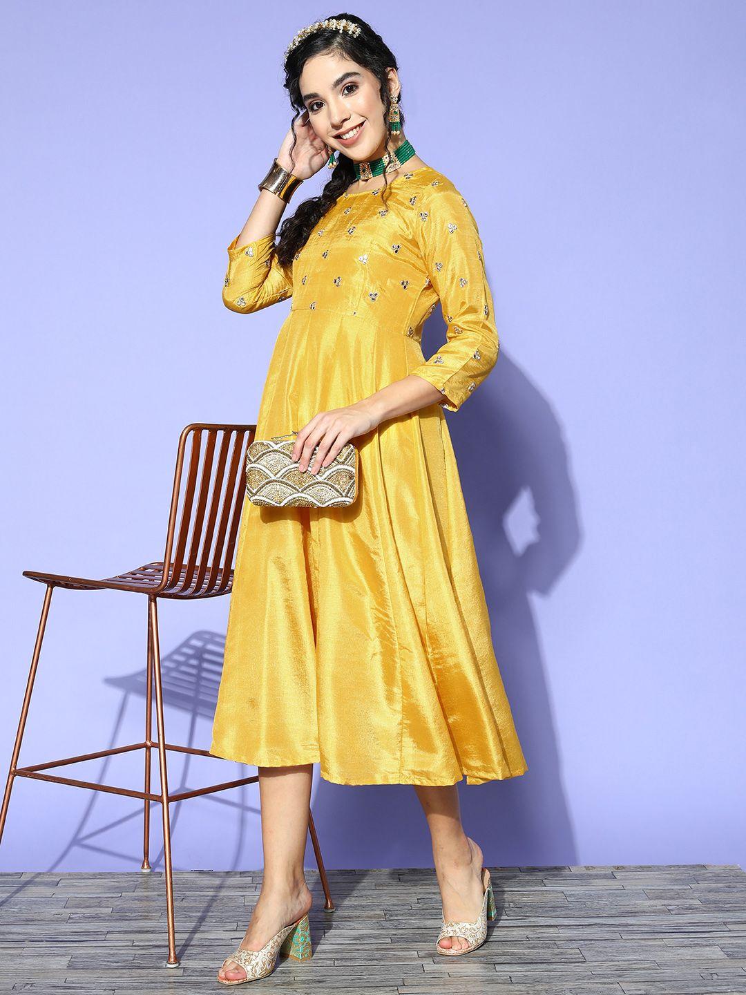 shae by sassafras women mustard embellished shimmer & sequins dress
