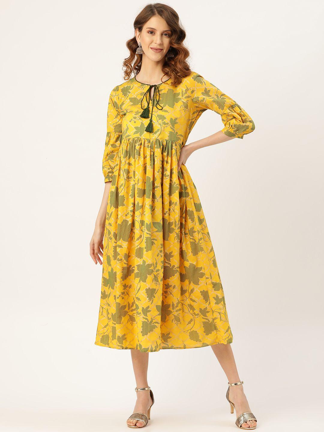 shae by sassafras women mustard yellow & olive green foil print a-line kurta dress