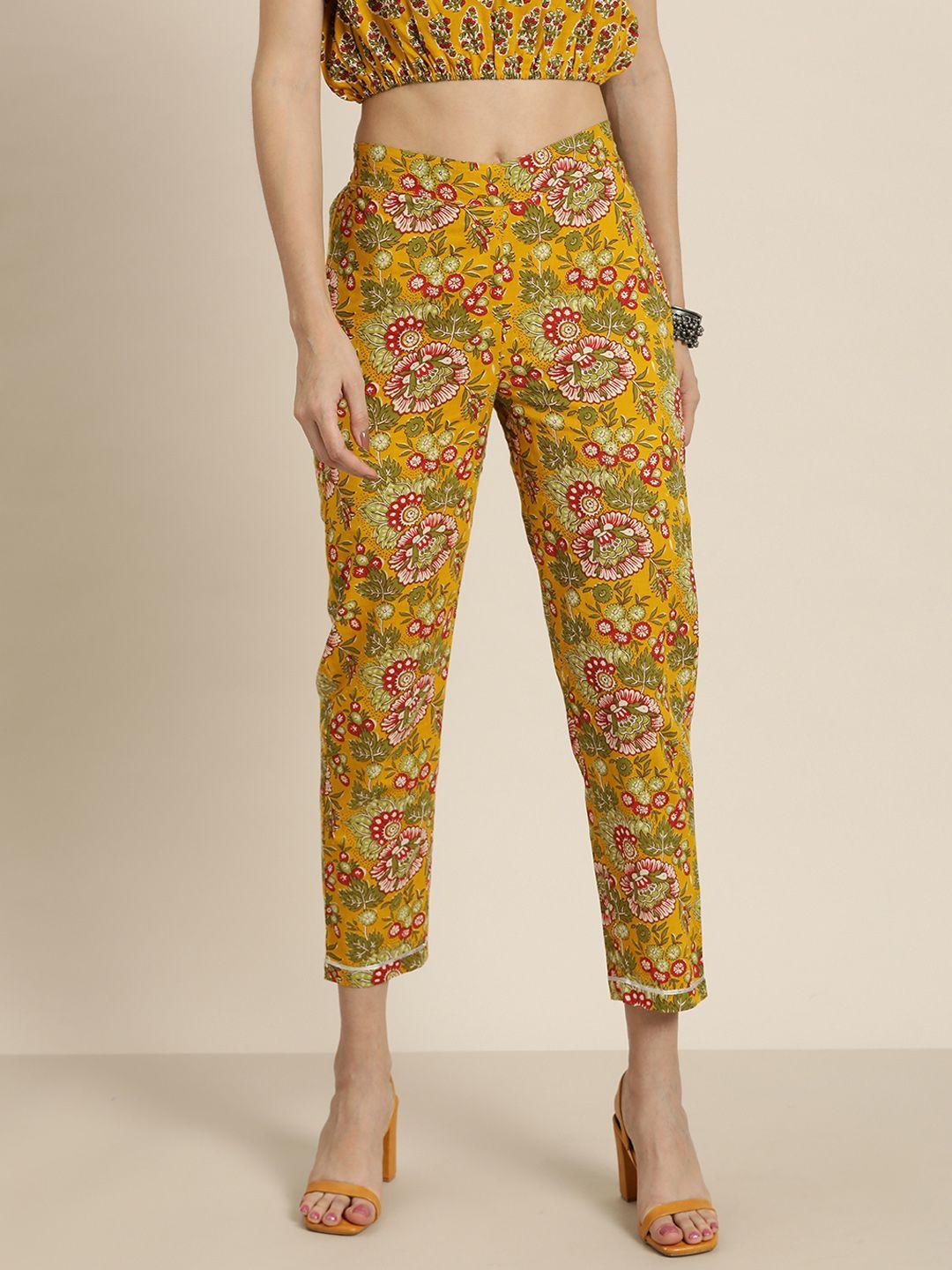 shae by sassafras women mustard yellow & olive green printed tapered cotton trousers