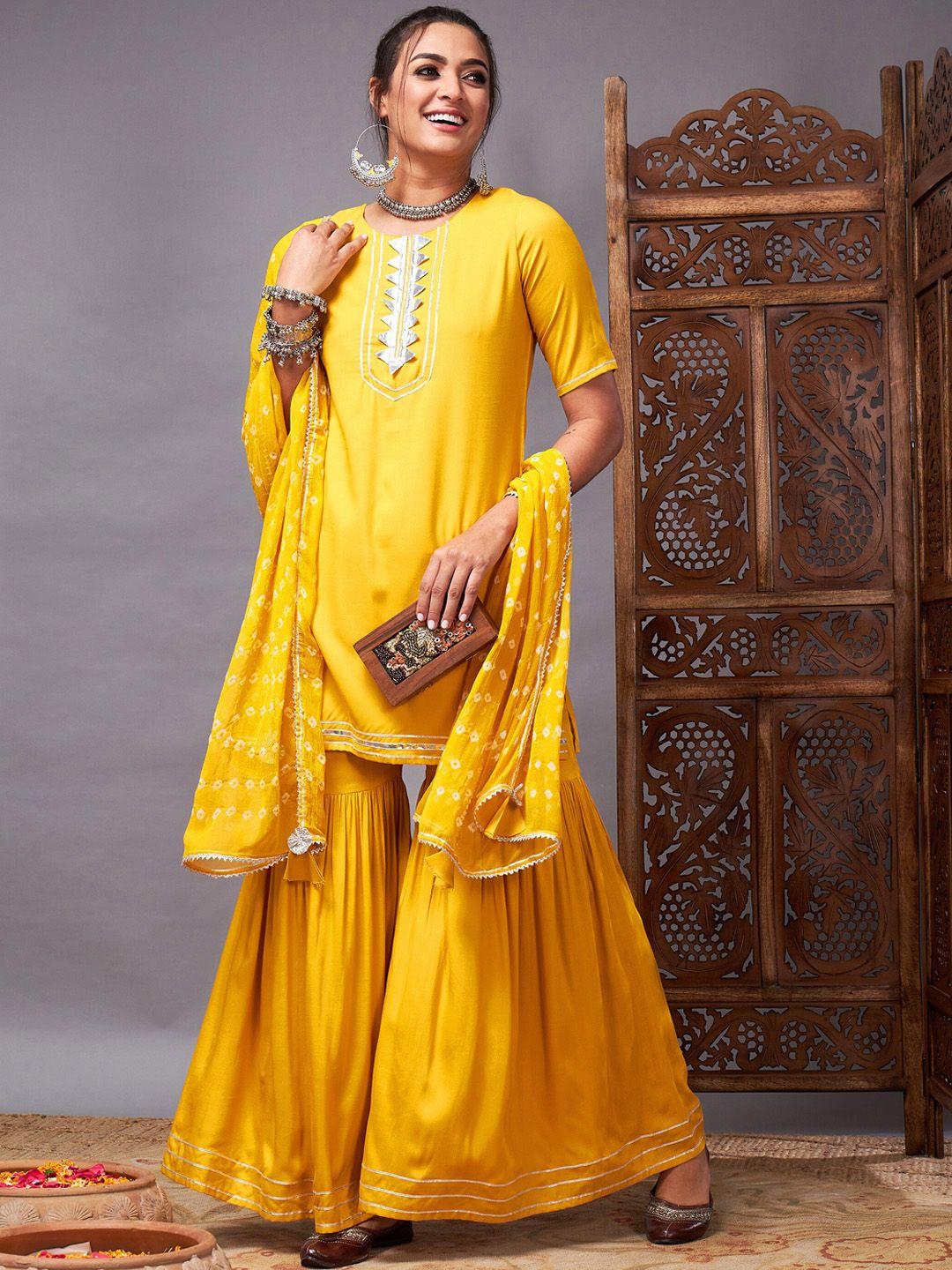 shae by sassafras women mustard yellow regular kurta with sharara & with dupatta