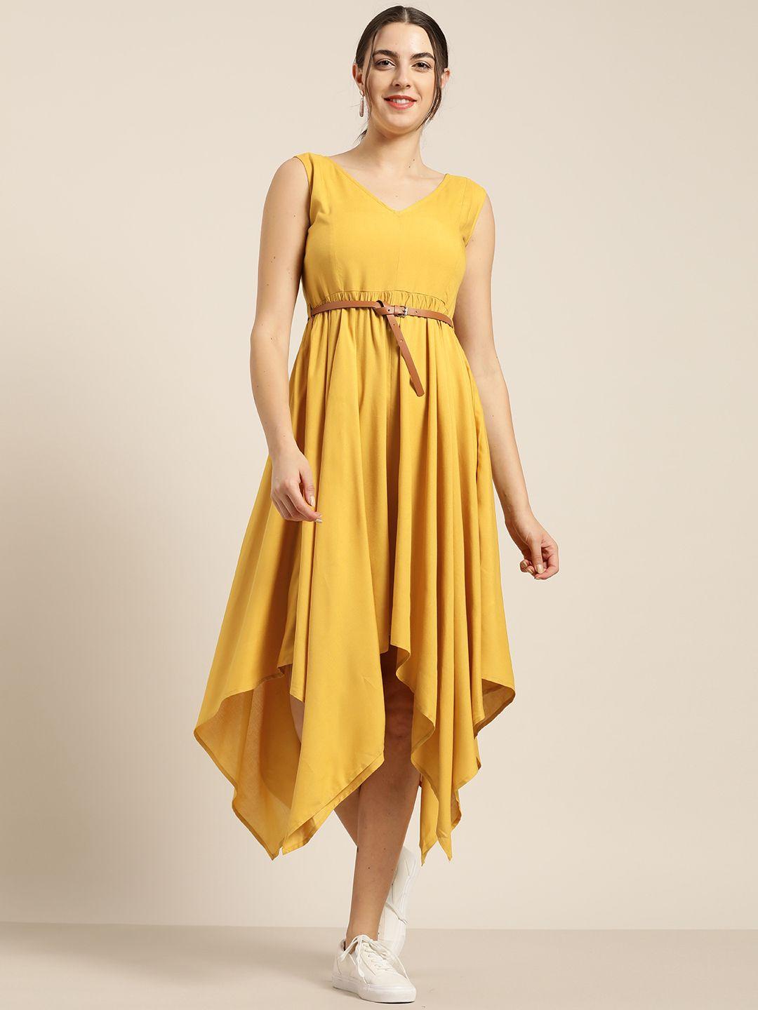 shae by sassafras women mustard yellow solid asymmetric a-line dress