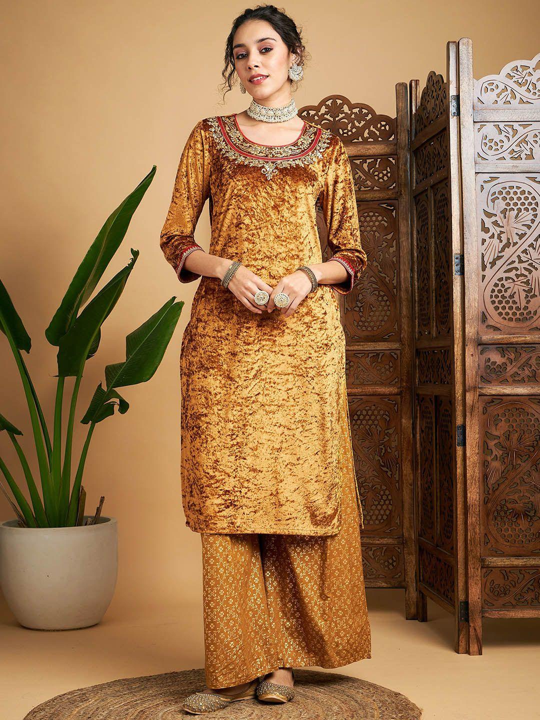 shae by sassafras women mustard yellow velvet kurta