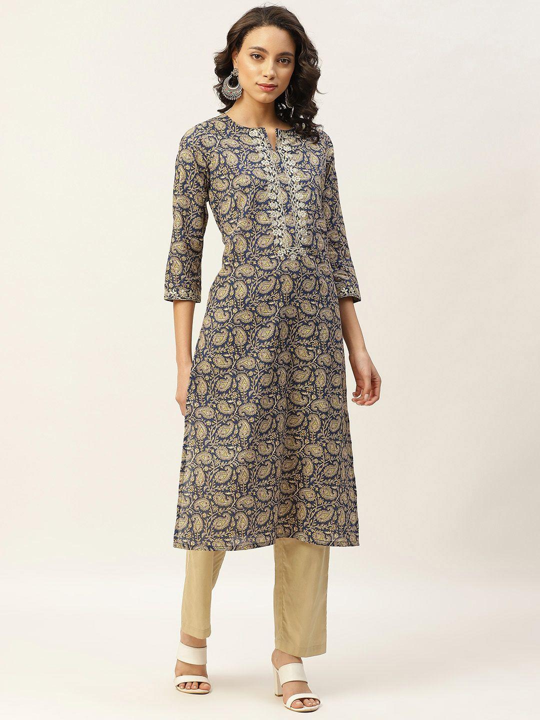 shae by sassafras women navy blue & beige printed pure cotton kurta with trousers