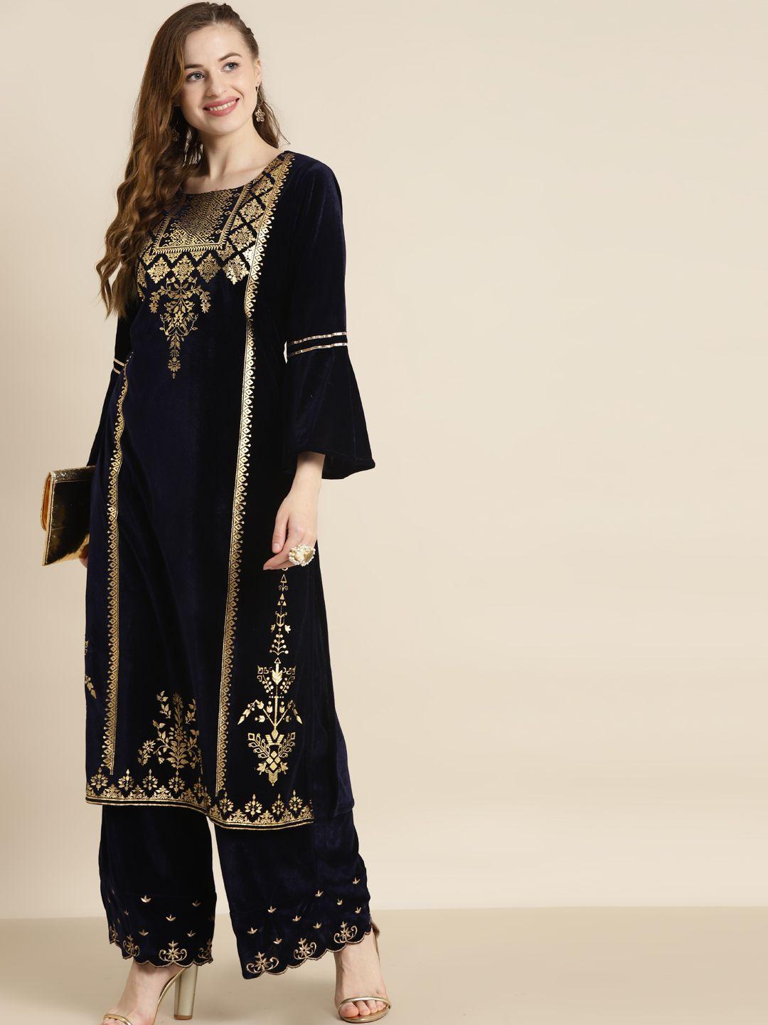 shae by sassafras women navy blue & gold-toned bell sleeves velvet kurta