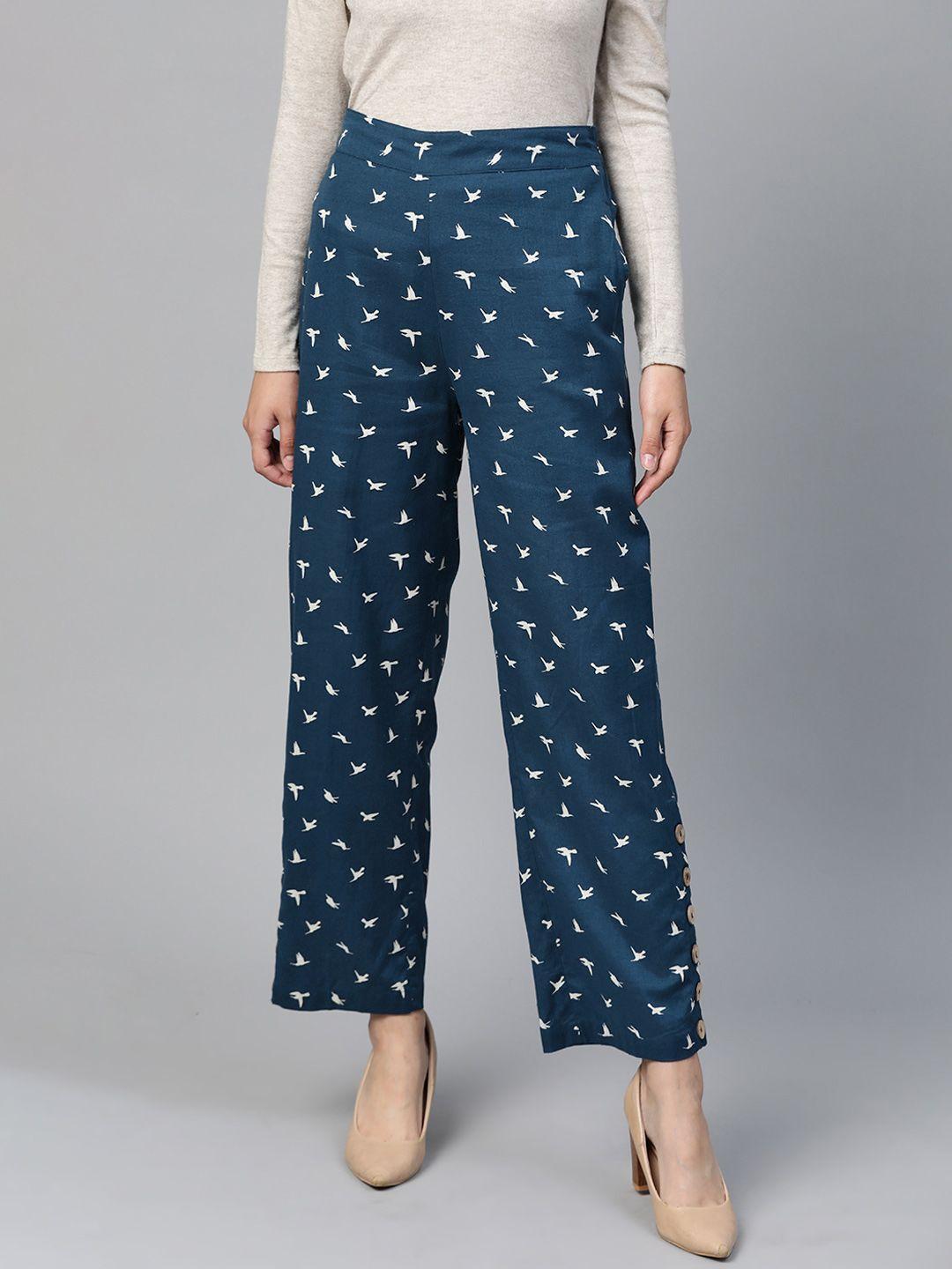 shae by sassafras women navy blue & white regular fit bird print parallel trousers