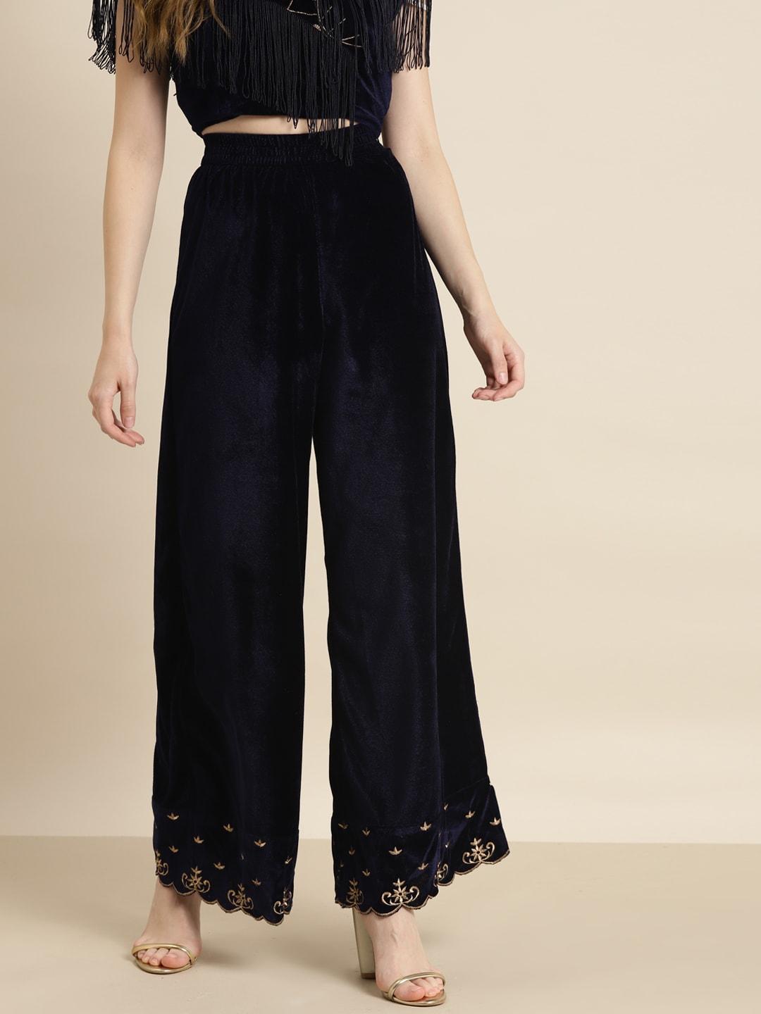 shae by sassafras women navy blue embroidered parallel trousers