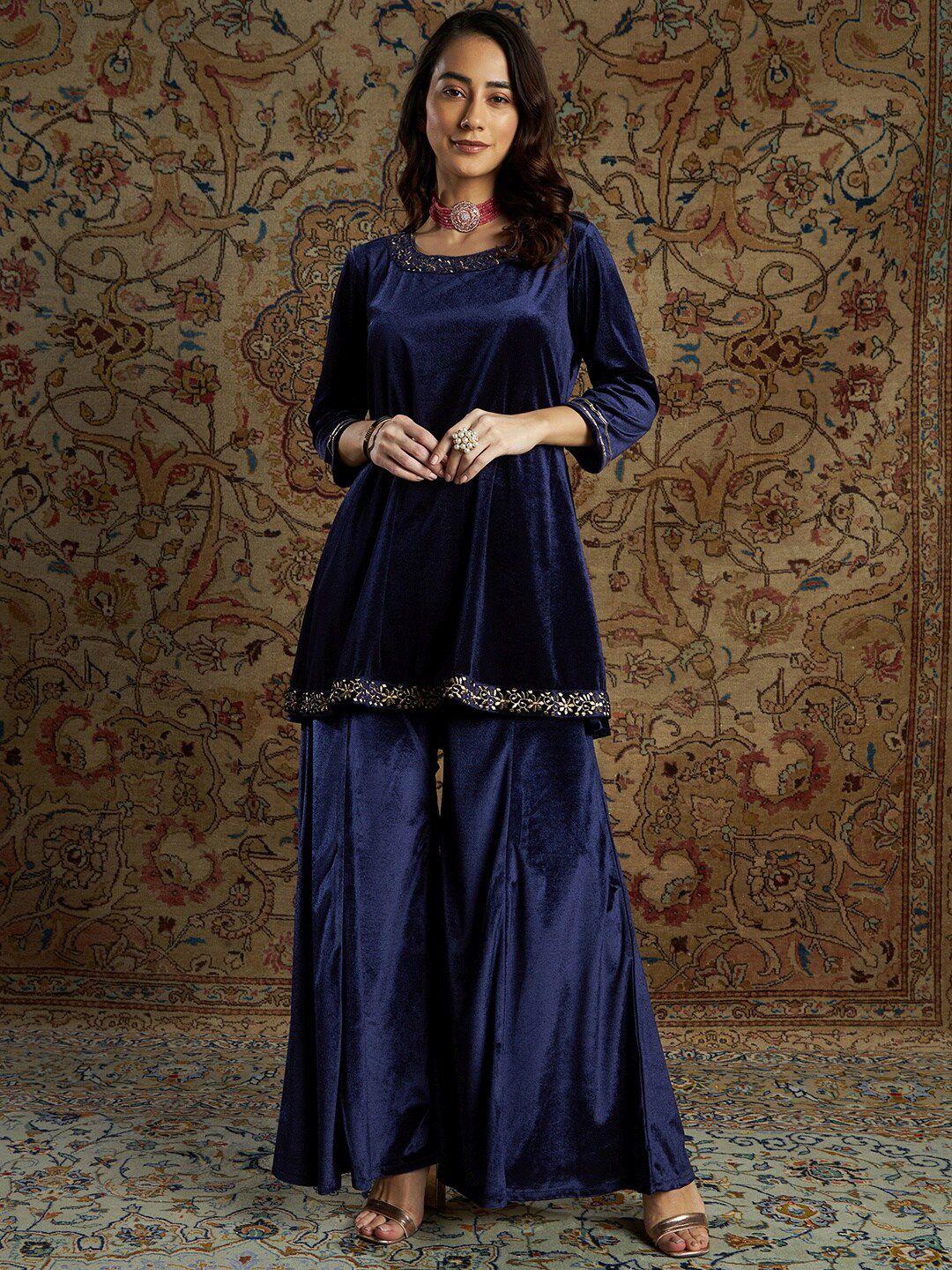 shae by sassafras women navy blue velvet kurta with palazzos