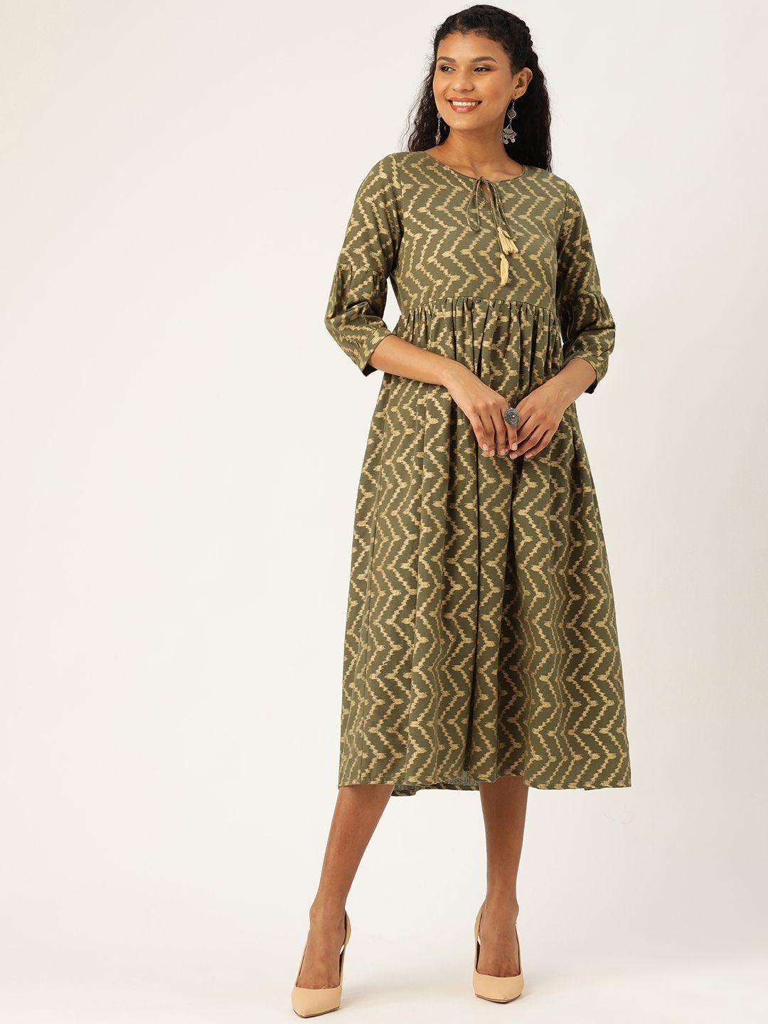 shae by sassafras women olive green & golden chevron printed a-line dress