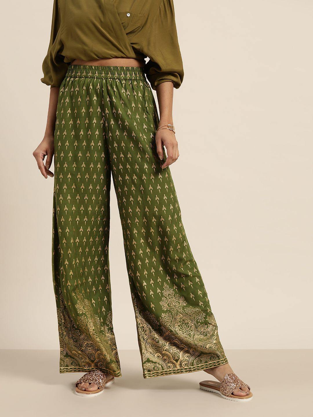 shae by sassafras women olive green & golden foil printed wide leg palazzos