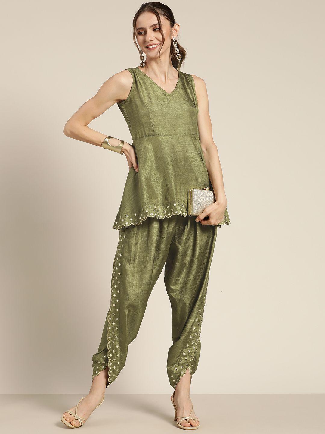 shae by sassafras women olive green embroidered mirror work dhoti pants