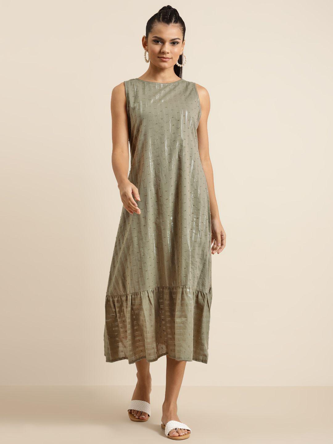 shae by sassafras women olive green pure cotton dobby weave striped shift dress