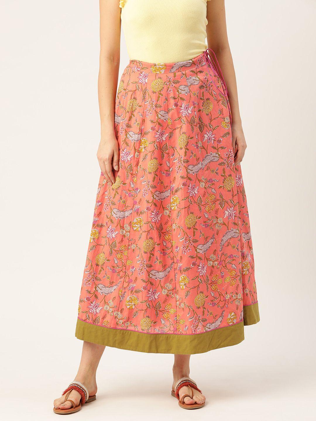 shae by sassafras women peach coloured & green pure cotton printed maxi flared skirt