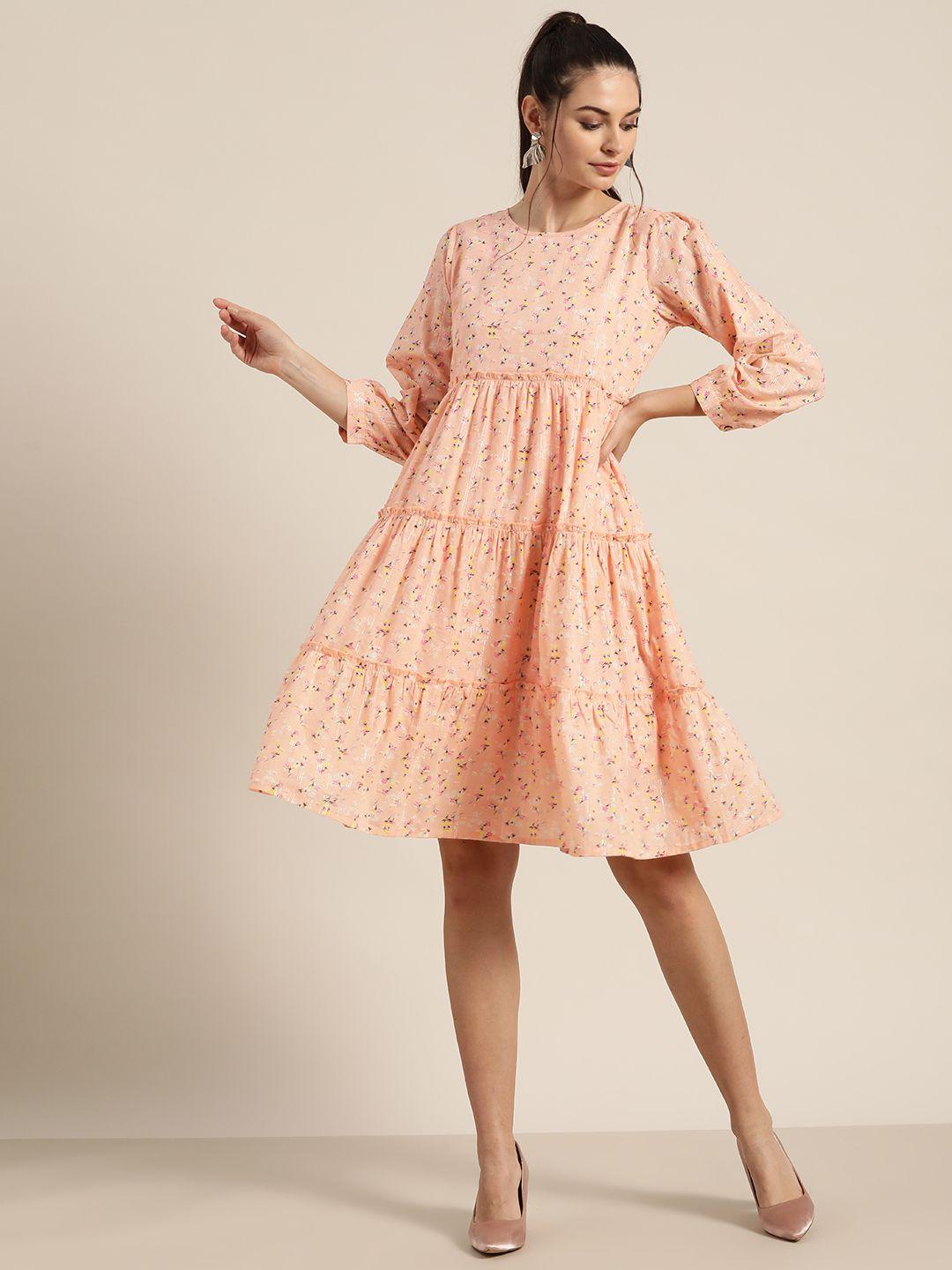 shae by sassafras women peach-coloured pure cotton floral printed a-line dress