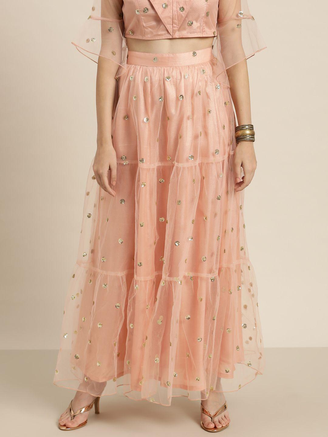 shae by sassafras women peach-coloured sequinned embellished tiered tulle maxi skirt