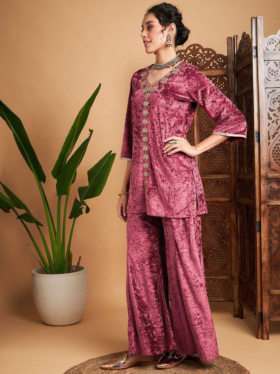 shae by sassafras women pink embroidered velvet kurta with palazzos