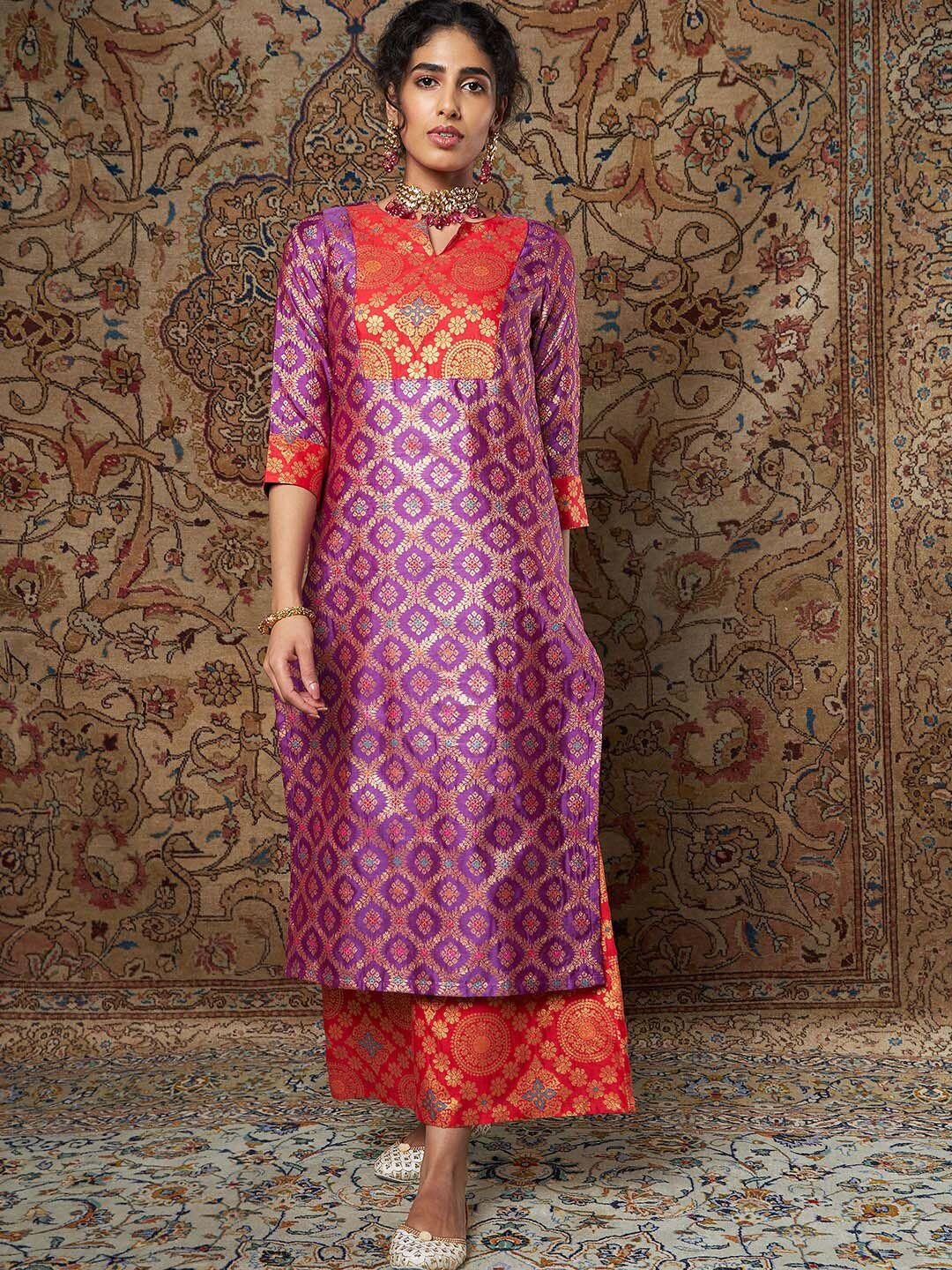 shae by sassafras women purple & coral ethnic motifs printed kurta