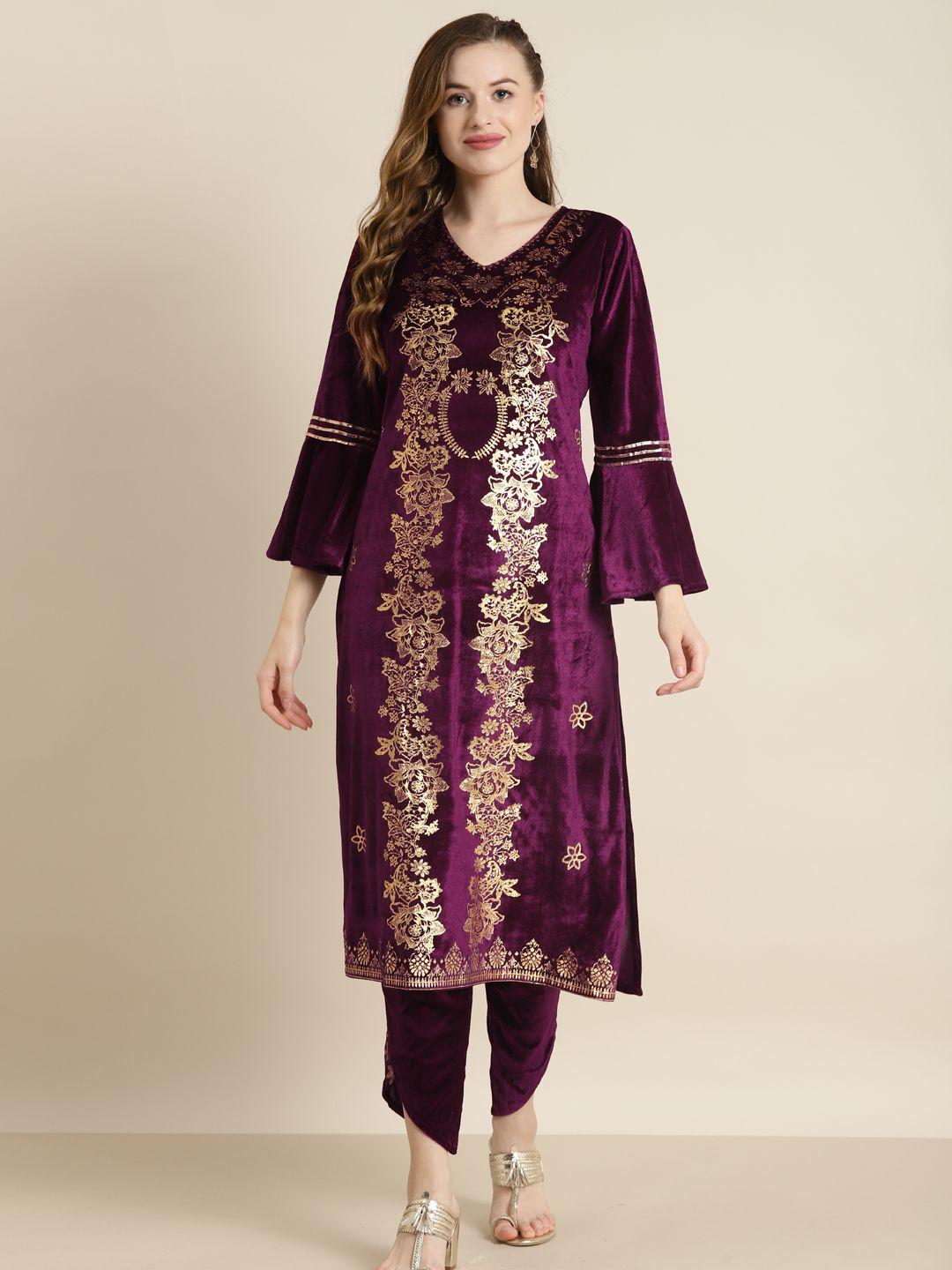 shae by sassafras women purple & gold-toned bell sleeves velvet kurta