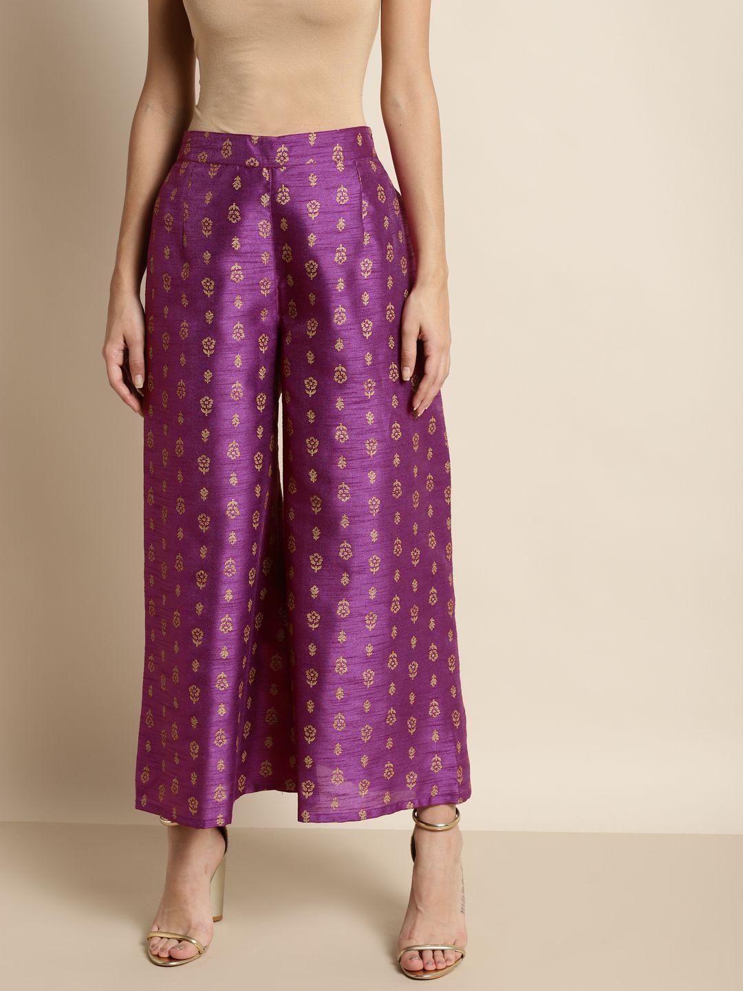 shae by sassafras women purple & gold-toned floral printed ankle length palazzos