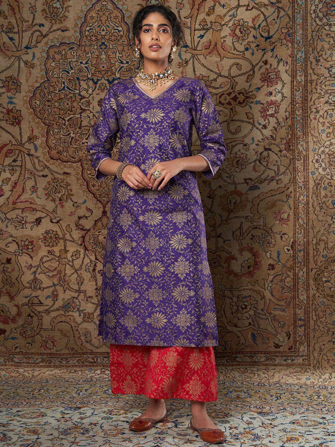 shae by sassafras women purple ethnic motifs yoke design thread work kurta with palazzos