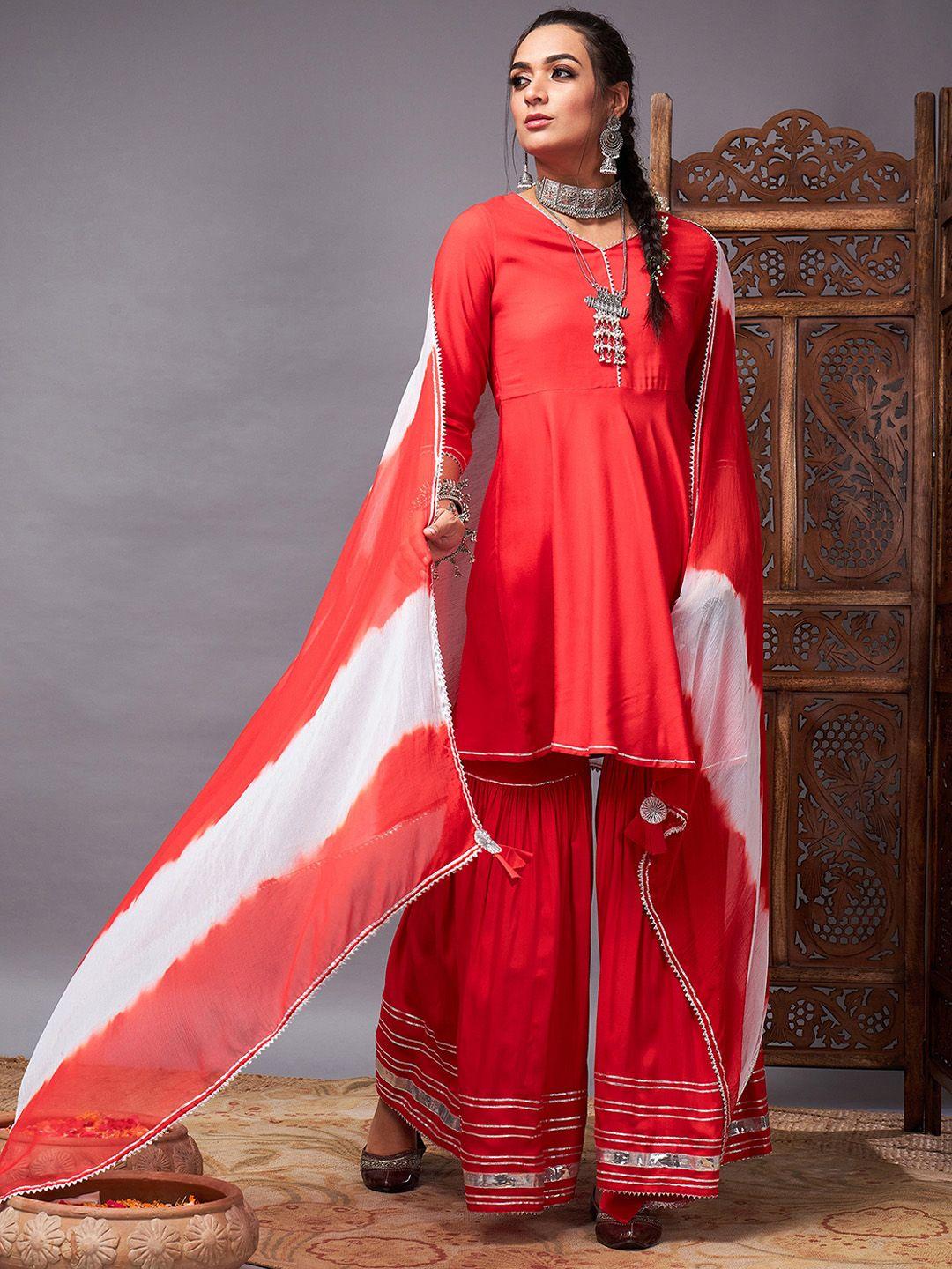 shae by sassafras women red regular kurta with sharara & with dupatta