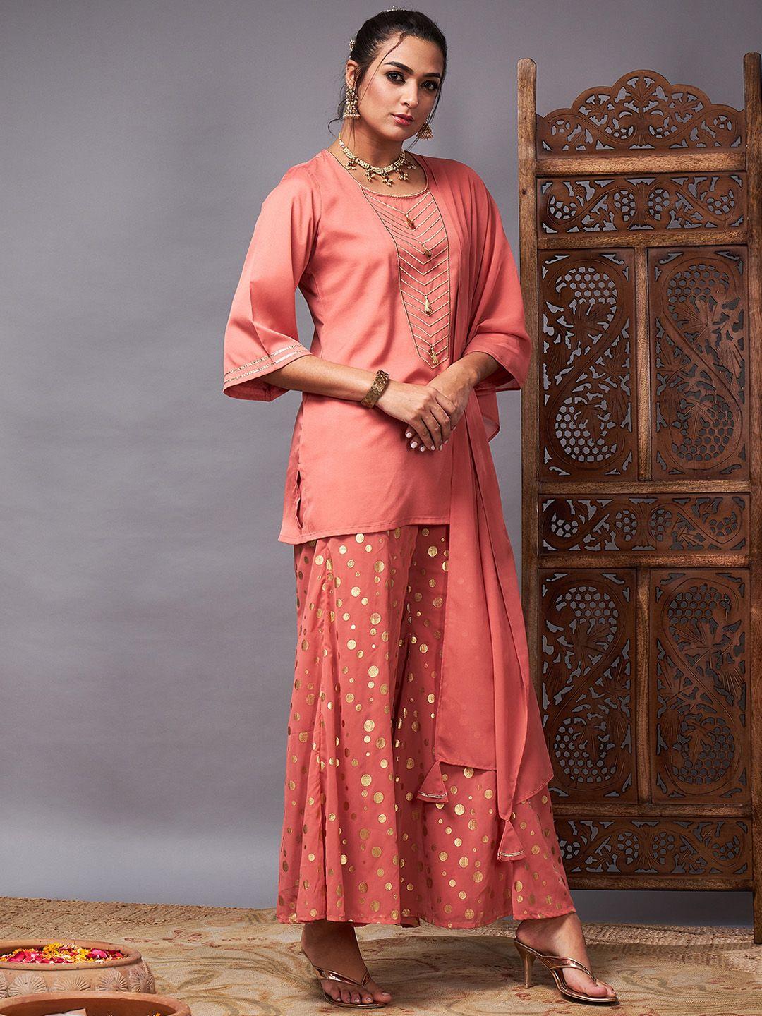 shae by sassafras women rust embroidered regular kurti with palazzos & with dupatta