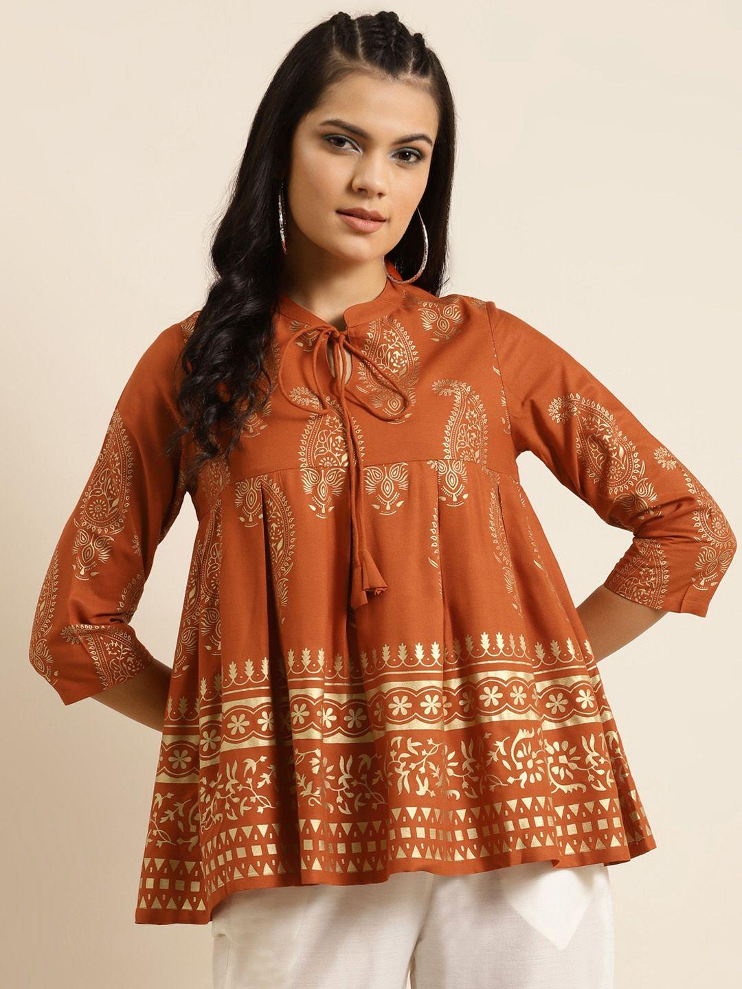 shae by sassafras women rust orange & golden printed tie-up neck liva empire top