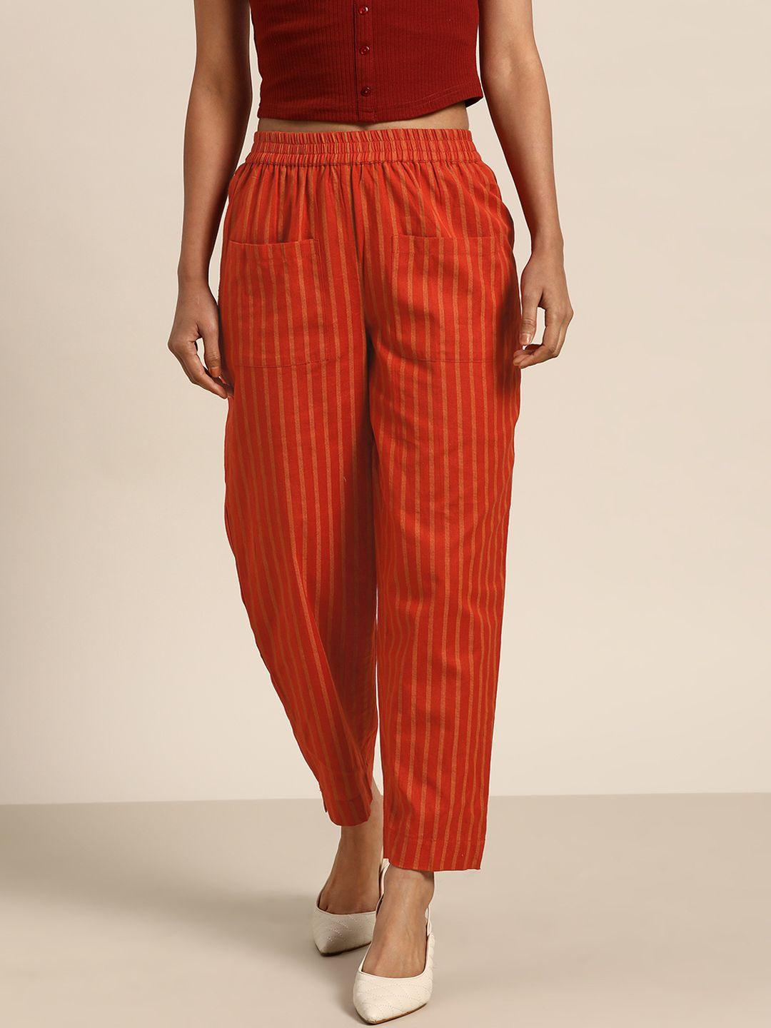 shae by sassafras women rust orange & mustard yellow tapered fit striped cropped trousers