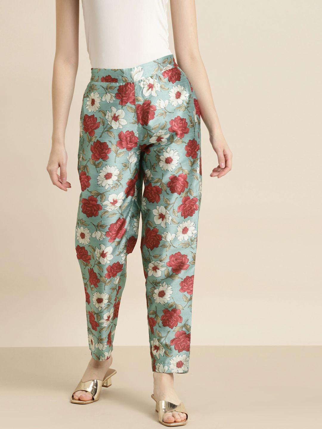 shae by sassafras women sea green floral printed tapered fit trousers