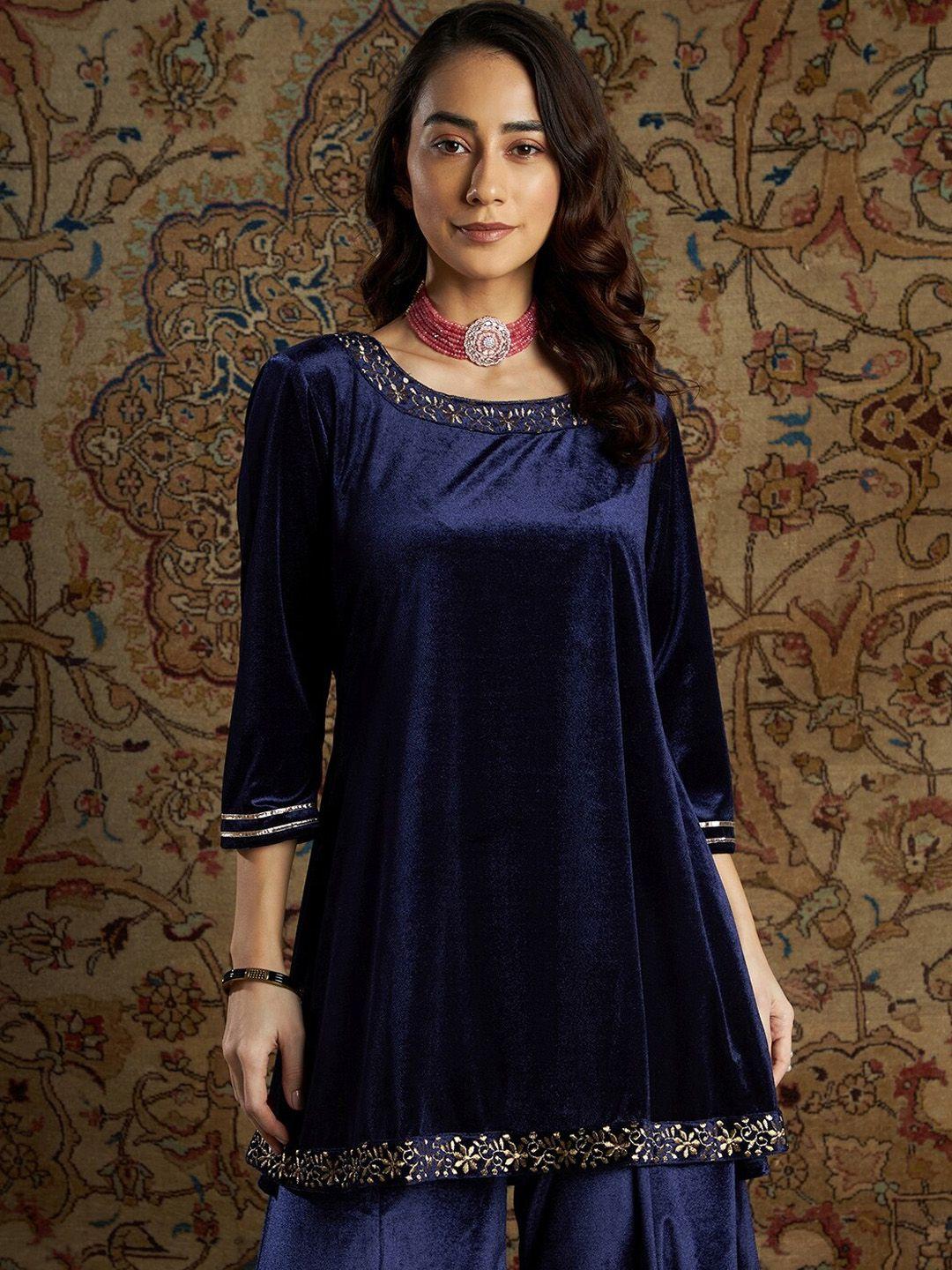 shae by sassafras women solid navy blue velvet kurta