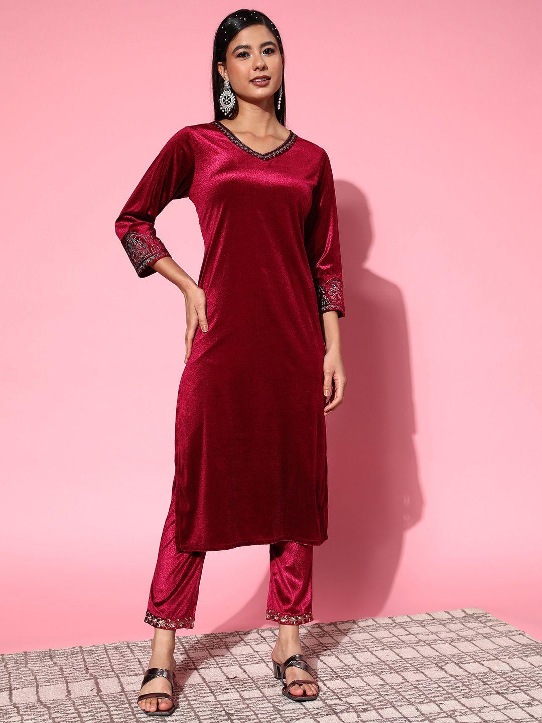 shae by sassafras women solid velvet velvet kurta set
