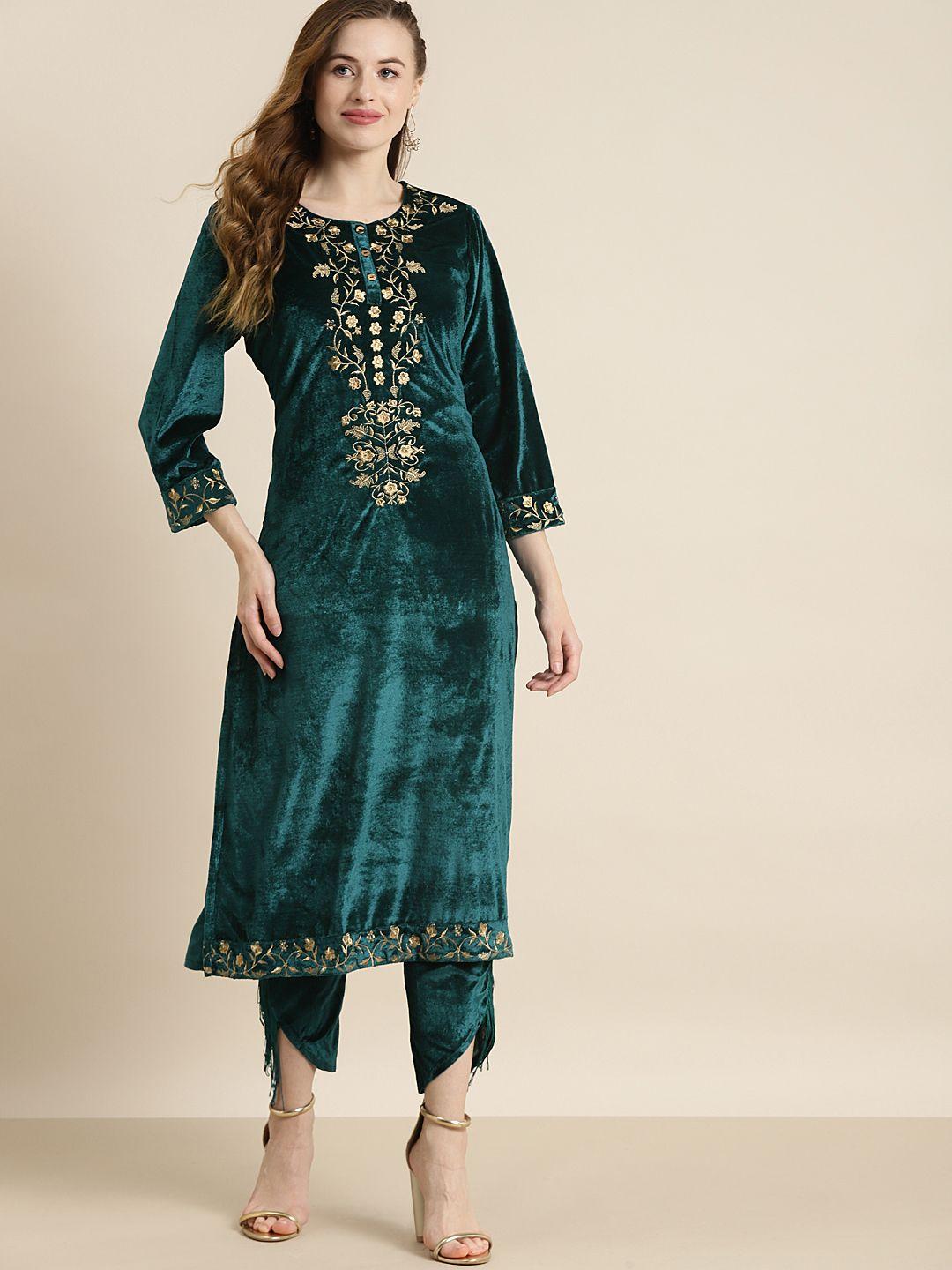 shae by sassafras women teal green & gold-toned floral embroidered velvet kurta