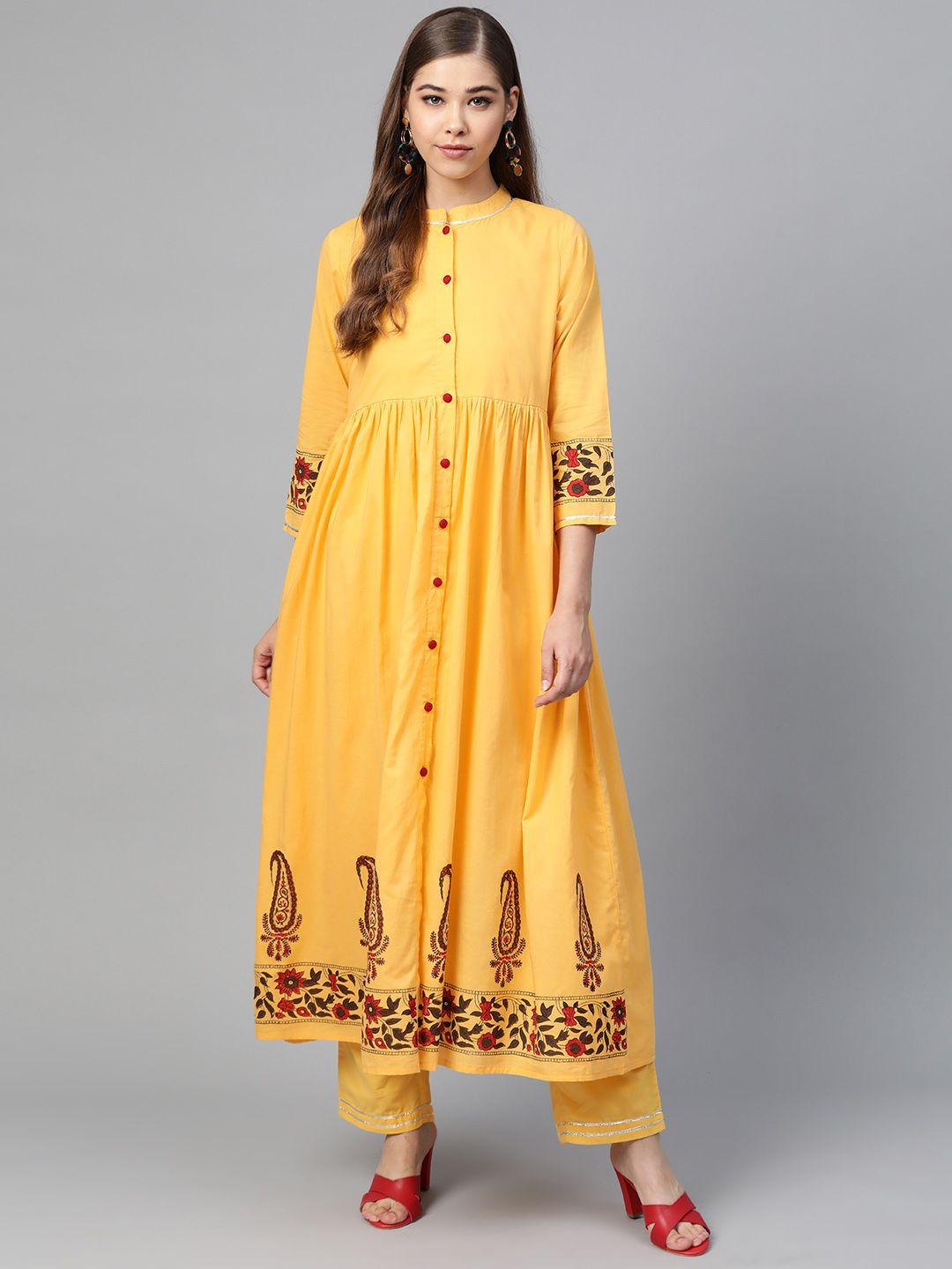 shae by sassafras women yellow block printed detail a-line kurta