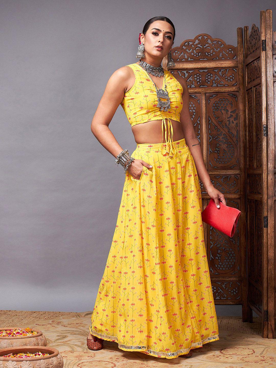 shae by sassafras yellow & rust floral printed ready to wear lehenga & choli