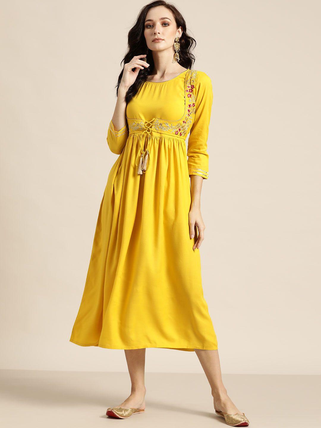 shae by sassafras yellow ethnic motifs embroidered liva ethnic a-line midi dress