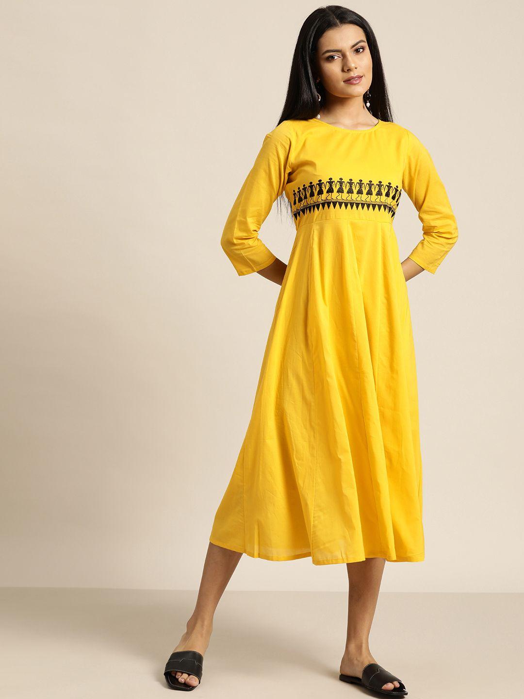 shae by sassafras yellow tribal embroidered a-line cotton midi dress