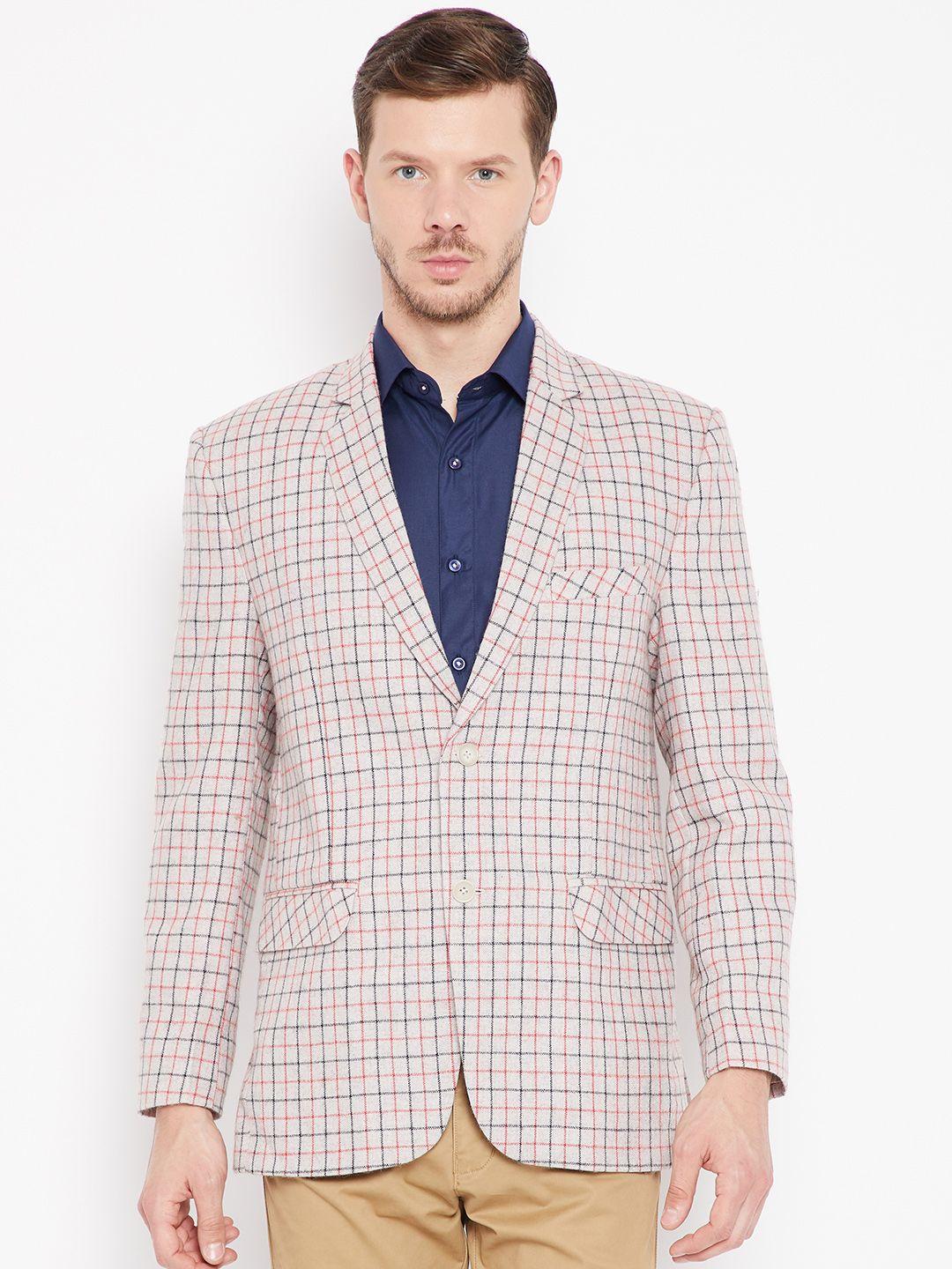 shaftesbury london beige & red checked regular fit single-breasted formal blazer