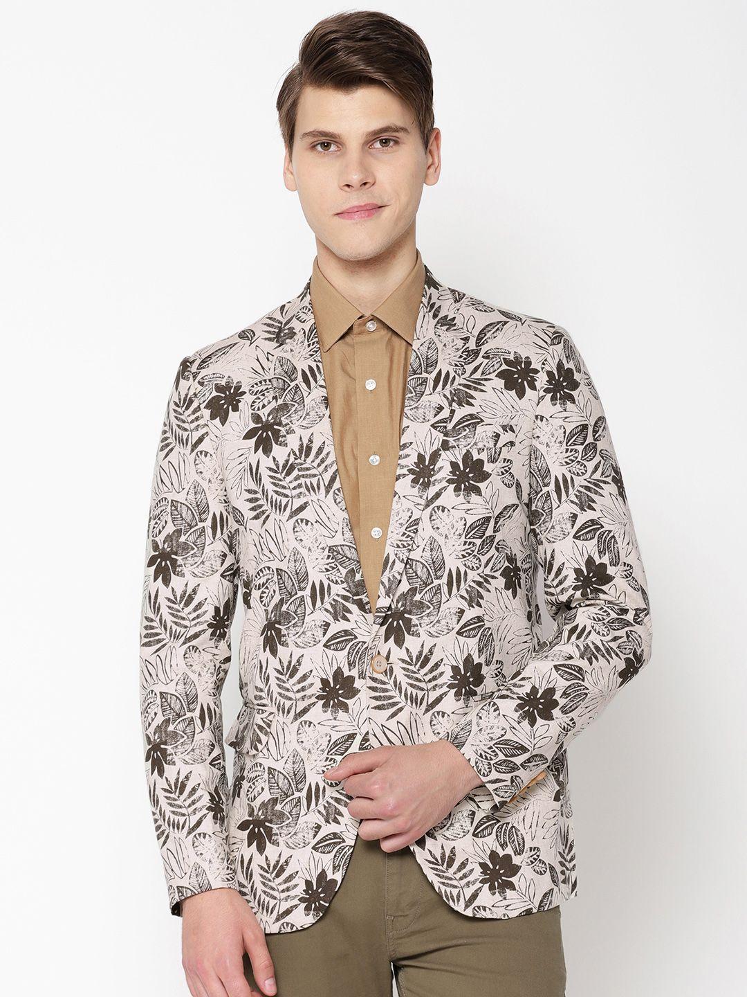 shaftesbury london men beige and brown single- breasted printed casual blazer