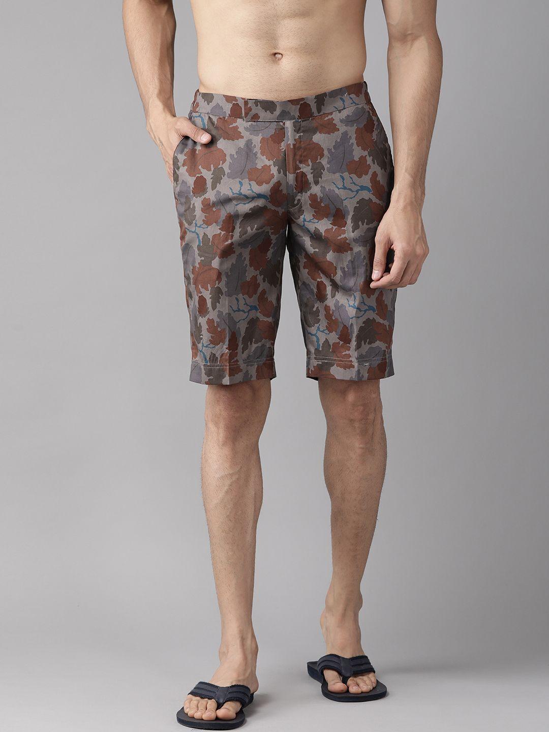shaftesbury london men grey & rust brown printed slim fit surfing sports shorts