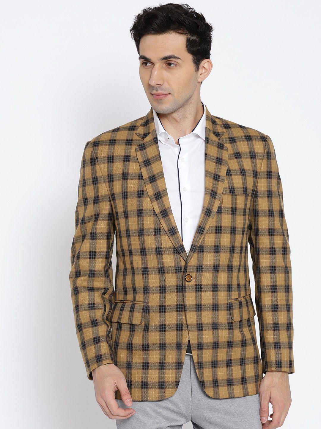 shaftesbury london mustard yellow & black checked single-breasted semiformal blazer