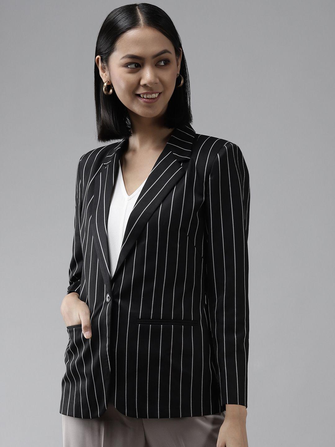 shaftesbury london women black & white striped slim-fit single-breasted formal blazer