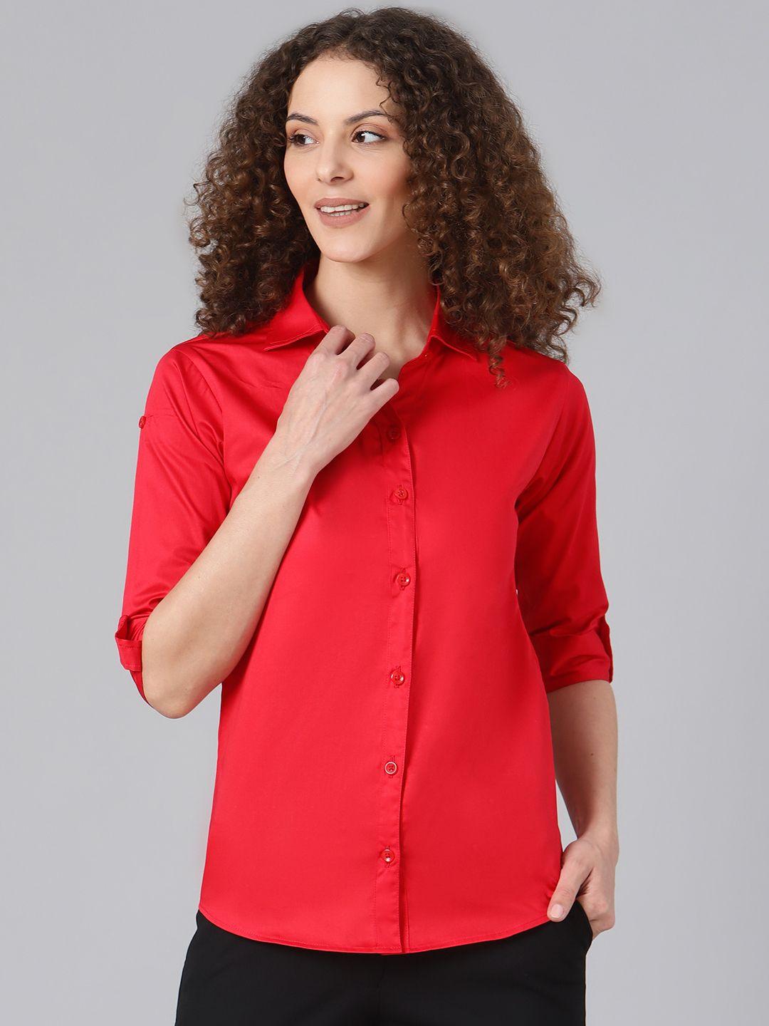 shaftesbury london women coral red smart slim fit solid formal shirt