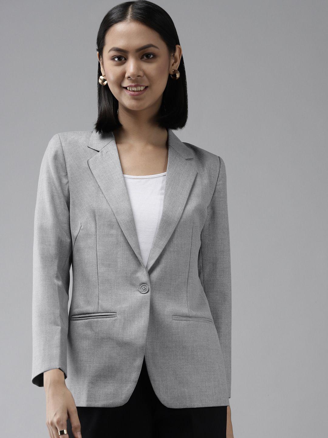 shaftesbury london women grey self-design single-breasted formal blazer