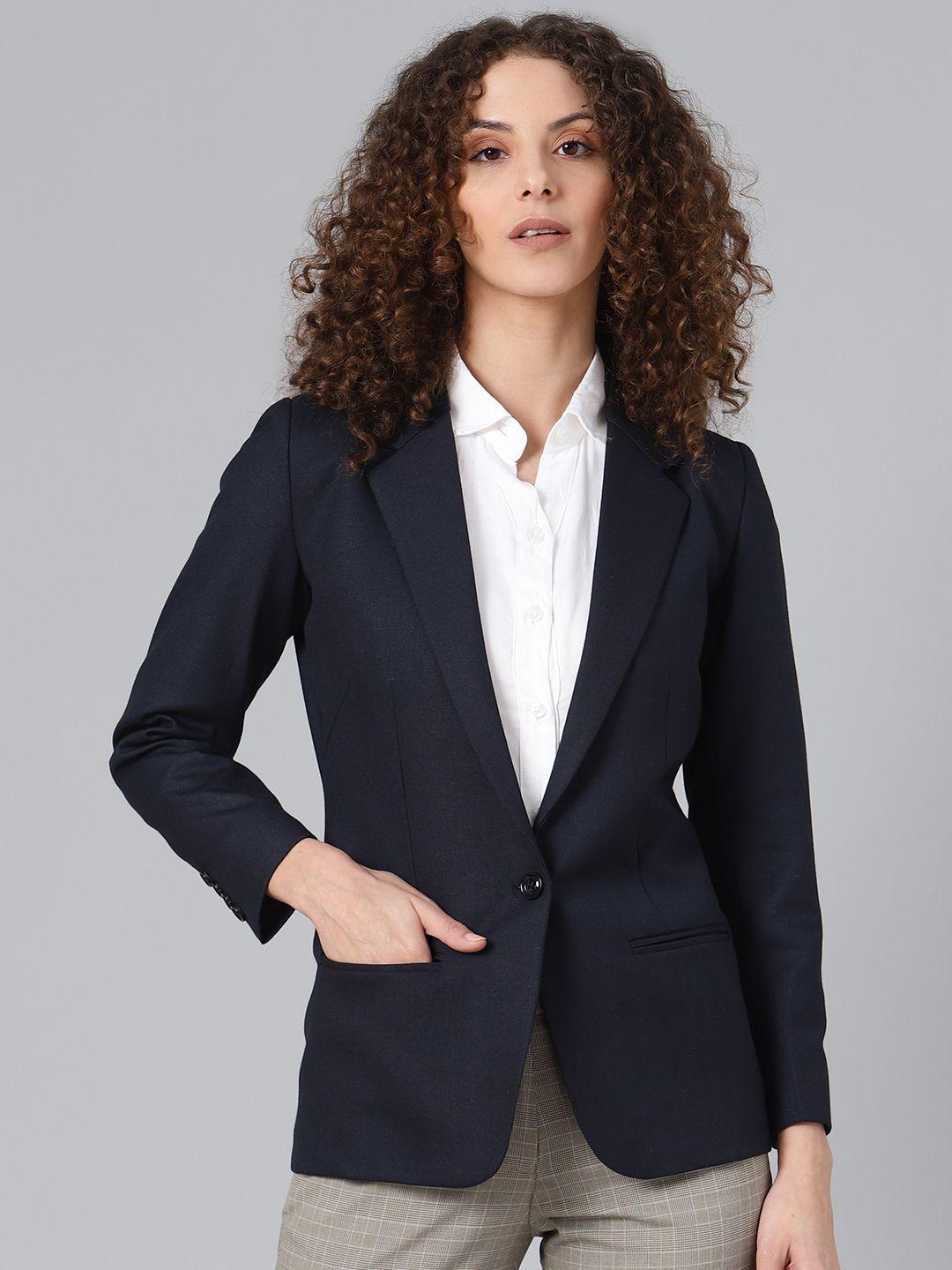 shaftesbury london women navy blue solid formal blazer