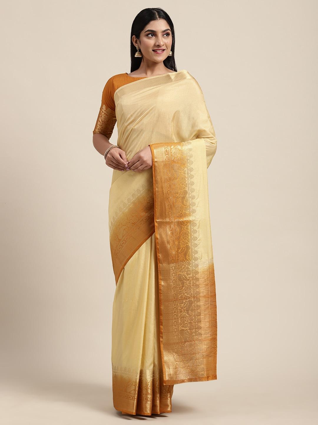 shaily beige & gold-toned silk blend solid zari border saree