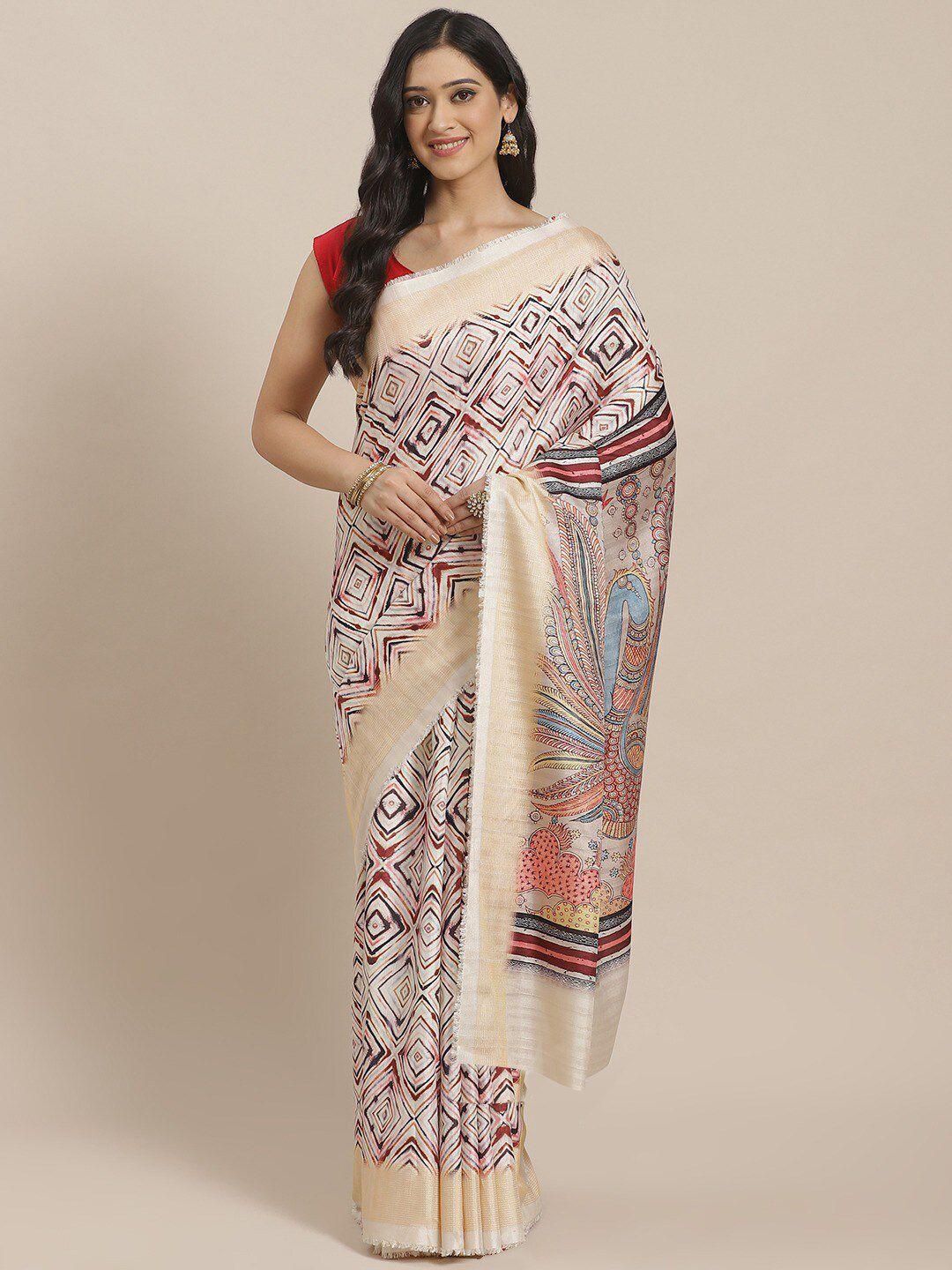 shaily beige & red printed art silk saree