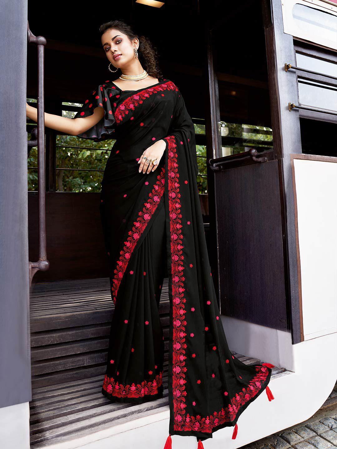 shaily black & red floral embroidered pure chiffon saree