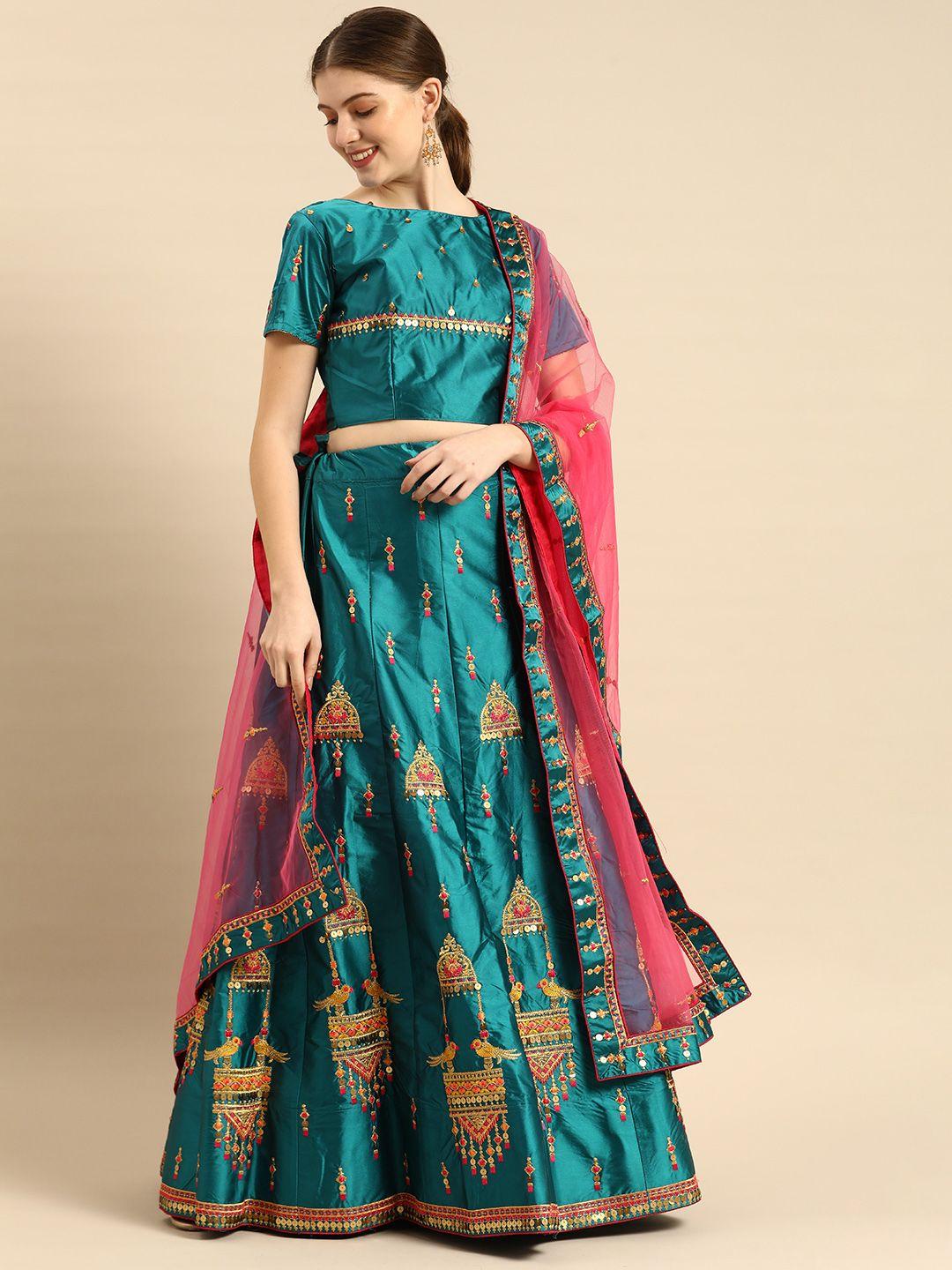 shaily blue & pink embroidered thread work semi-stitched lehenga & unstitched blouse with dupatta